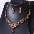 Elegant bridal jewelry set with red water-drop crystals and golden necklace and earrings - Gold Red Zircon