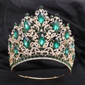 Detail of luxury bridal tiara with gold leaf frame, emerald crystals and rhinestones - KC Gold (White and Olive Green Stone + Adjustable Crown)