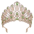 Dettaglio corona da concorso con gocce verde smeraldo e base a piuma di pavone dorata - Stile Pettine per Capelli / Oro KC Bianco + Strass Verde Chiaro