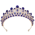 Detailed macro of gold bridal tiara featuring navy blue crystals and white rhinestones - Gold White & Blue Rhinestone