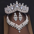 Luxury silver bridal jewelry set with blue waterdrop crystals and rhinestone crown - Tiara Necklace Earrings Combination / Silver Blue Gemstone