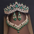 Luxury bridal jewelry set with gold tiara, green crystal necklace and earrings on a stand - Tiara Necklace Earrings Combination / Gold Green Gemstone