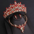 Regal bridal jewelry set with gold leaf crown, red rhinestone necklace and earrings - Gold & White Style with Large Red Rhinestone (H1465)