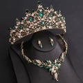 Bridal jewelry set with emerald green crystals and gold leaf crown on black stand - Gold & White + Olive Green Rhinestone Style (H1465 Gold & White + Olive Green Rhinestone)