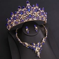 Macro detail of bridal jewelry set featuring blue crystals and gold leaf patterns - Gold & White with Royal Blue Rhinestone Style (H1465)