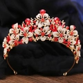 Golden baroque leaf tiara with red crystals and rhinestones for bridal hair accessories - KC Gold White Diamond + Large Red Diamond