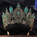 Detail of Baroque gold bridal crown featuring dark green emerald rhinestones and comb - KC Gold Full Olive Green Rhinestone (With Comb)