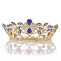 Macro detail of golden baroque bridal crown with blue teardrop crystals and vine leaves - Gold With Blue Gemstone