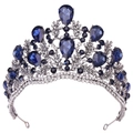 Detailed close-up of Baroque silver bridal crown with large blue crystals and white rhinestones - Antique Silver White and Dark Blue Rhinestone