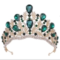 Golden Baroque bridal crown with emerald green crystals and intricate leaf carvings - KC Gold White With Olive Green Rhinestone