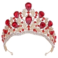 Close-up of baroque bridal crown featuring ruby red crystals and gold-plated details - KC Gold White Diamond + Large Red Diamond