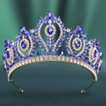 Detailed close-up of a Baroque gold bridal crown with luxury blue and clear crystals - KC Gold White & Sapphire Blue Rhinestone