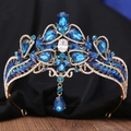 Macro detail of Baroque bridal crown with blue rhinestones and gold metal base - Gold Base Clear & Peacock Blue Rhinestone