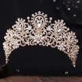 Detailed close-up of intricate gold floral bridal crown with luxury crystal rhinestones - KC Gold White Rhinestone