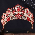 Luxurious baroque bridal crown with golden base, red waterdrop rhinestones and white crystals - KC Gold White Diamond + Large Red Diamond