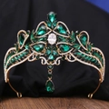Detail of baroque gold bridal crown featuring emerald green gems and sparkling rhinestones - Gold Base Clear & Green Rhinestone