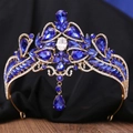 Detailed macro of gold bridal crown with blue heart crystals and dangling teardrop gems - Gold Base Clear & Royal Blue Rhinestone