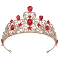 Detailed view of Baroque bridal crown with red pear-shaped crystals and gold leaves - KC Gold White Diamond + Large Red Diamond