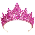 Golden baroque bridal crown with pink crystals for weddings and pageants on white background - KC Gold Rose Red Crystal
