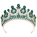 Close-up of golden alloy bridal crown with deep green crystals and white rhinestones - Gold/Olive Green