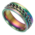 Rainbow stainless steel spinner ring with rotating Cuban link chain for stress relief - Size 6 / Iridescent