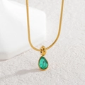 Minimalist gold snake chain necklace with a drop-shaped green zircon crystal pendant - Green