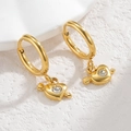 Macro view of 18K gold plated hoop earrings with heart shaped crystal drop detail - Heart with Arrow