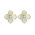 Detailed close-up of four-petal enamel flower earrings with sparkling cubic zirconia center - Light Green Texture