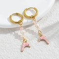 Golden sea style earrings with pink dolphin charms and white pearl beads accents - Pink