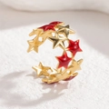 Minimalistischer, doppelreihiger Pentagramm-Ring in Gold mit rotem Sternen-Emaille - Rotgold-Stern-Stil (S-R746-wjx-hong)
