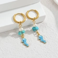 Golden drop earrings featuring blue seahorse pendant with pearls and turquoise beads - Blue Seahorse / Gold