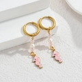 Golden drop earrings featuring pink enamel seahorse pendants with pearls and quartz beads - Deep Pink Seahorse / Gold