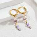 Gold hoop earrings featuring white pearl, purple stone, and seahorse enamel pendant - Purple Seahorse / Gold