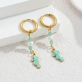 Golden sea horse drop earrings with turquoise charms and blue beads for women - Green Seahorse / Gold
