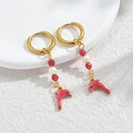 Golden hoop earrings with pearls and a pink dolphin pendant in ocean style - Pink Dolphin / Gold