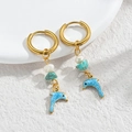Golden hoop earrings with a blue dolphin charm, turquoise stone, and a single pearl - Blue Dolphin / Gold