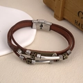 Vintage multi-layer leather bracelet with stainless steel clasp and engraved metal charm - BST-0027 - Determined Rhinestone Style