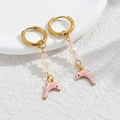 Golden hoop earrings featuring pink dolphin charms, crystal beads, and a white pearl accent - Deep Pink Dolphin / Gold