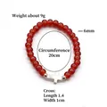 Elastic beaded bracelet with 6mm red glass beads and a white cross charm pendant - Red (BNS-0609-4 [Eco-friendly])