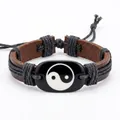 Bracciale retrò Tai Chi Yin Yang in pelle con corda intrecciata nera e cinturini marroni - Ovale