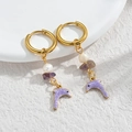 Golden hoop earrings with purple dolphin pendant, white pearl and natural stone charms - Purple Dolphin / Gold