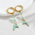 Gold ocean earrings featuring green enamel dolphins, blue beads and white pearls - Green Dolphin / Gold