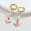 Golden hoop earrings with pink beads and an elegant enamel crab pendant charm - Pink Crab / Gold