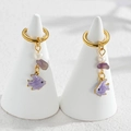 Golden hoop earrings with purple fish pendant, pearl, and natural amethyst stone - Purple Fish / Gold