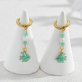 Marine ocean drop earrings with light blue beads, pearl and green fish pendant - Green Fish / Gold