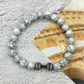 Detailed close-up of white turquoise bead bracelet with silver dumbbell engraved Live Lift - White Turquoise Gunmetal