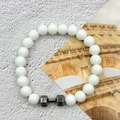 Beaded fitness bracelet with white stones and silver dumbbell charm engraved LIVE LIFT - White Ceramic Black Dumbbell