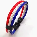 Drievoudig gevlochten lederen armband in Franse vlagkleuren met matzwarte sluiting - Frankrijk Stijl