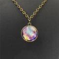 Detailed close-up of a bronze cosmic galaxy glass ball pendant necklace with nebula art - Colorful Galaxy (3)