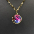 Macro detail of bronze galaxy necklace pendant with blue and purple nebula glass dome art - Deep Starry Sea (5)